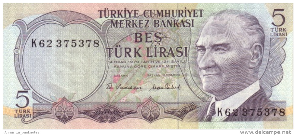 TURKEY 5 TURK LIRASI L.1970 (1976) P-185a UNC SIGN. SADIKLAR & TIBET [TR262c] - Turkey