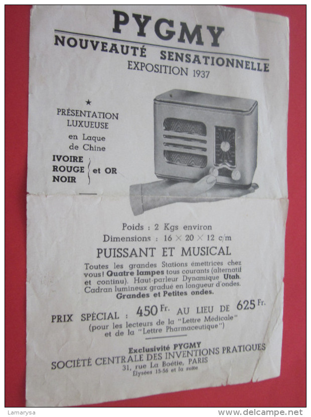 PYGMY Nouveauté Sensas Appareil De Radio  TSF Puissant En Laque De Chine  Publicité Exposition 1937 - Publicités