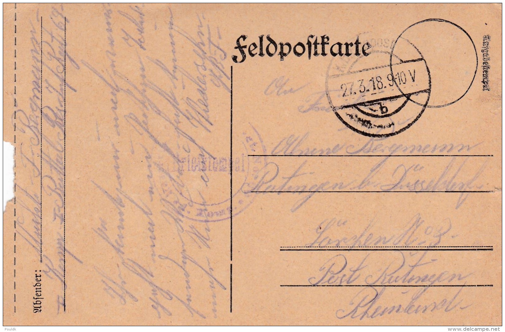 Feldpost WW1: Reserve Infanterie Regiment 69 P/m 27.3.1918 - Plain Postcard  (SKO8-3A) - Militaria