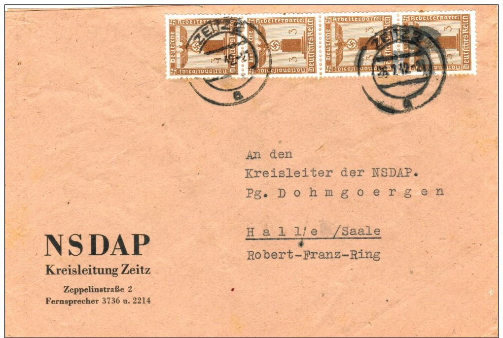 Dt. Reich Dienst 145 MEF Auf Fernbrief Der NSDAP Kreisleitung Zeitz 1942 - Service