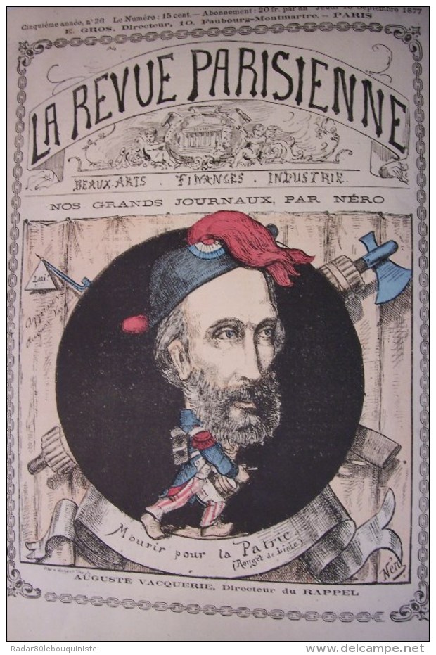 La Revue Parisienne.cinquième Année.n°26.jeudi 13 Septembre 1877.illustré Par NERO.2 Pages.yves & Barret Pho,Sc. - Zeitungen - Vor 1800