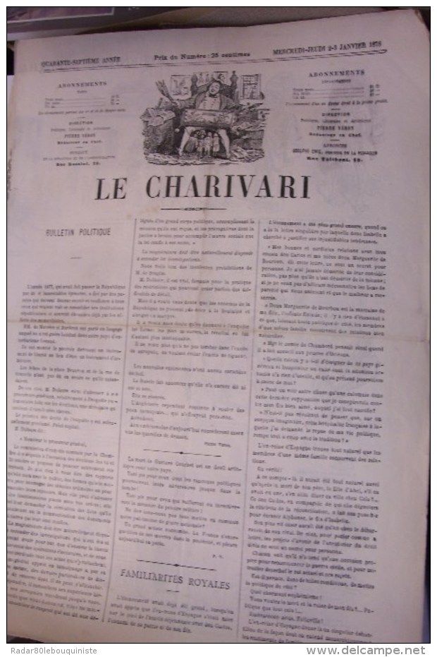 Le Charivari.47 Année.mercredi-jeudi 2-3 Janvier 1878.illustré Par STOP.yves & Barret Sc. 4 Pages. - Giornali - Ante 1800