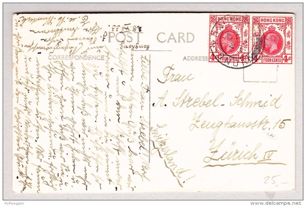 GB Hong-Kong 28.12.1933 Mit 4c (2) Auf Ansichtskarte Nach Zürich - Storia Postale