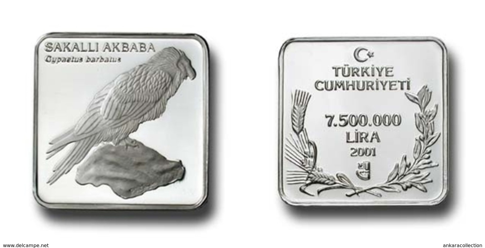 AC - BEARDED VULTURE GYPAETUS BARBATUS COMMEMORATIVE SILVER COIN BIRDS OF TURKEY SERIES #8 TURKEY 2001 PROOF UNC - Turkey