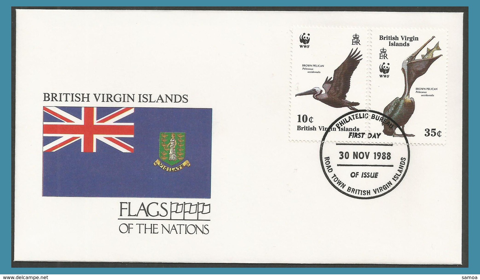 Vierges British Virgin Islands 1988 614 + 617 FDC Oiseaux Pélican Brun Drapeau - Iles Vièrges Britanniques