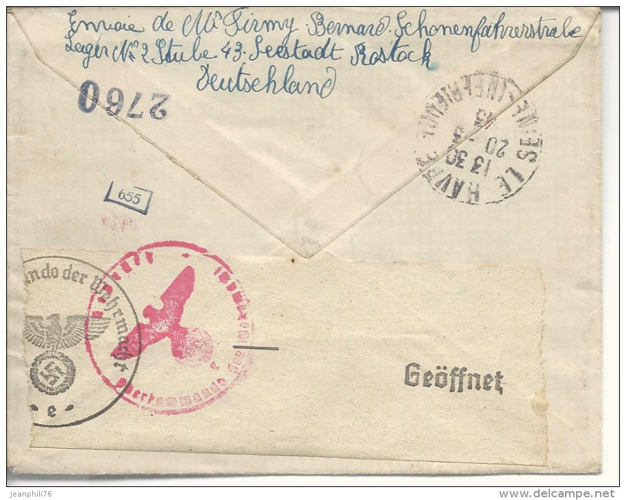 STO Seestadt Rosfock LR > Le Havre Bande Et Cachet De Censure OKW 1943 - Oorlog 1939-45