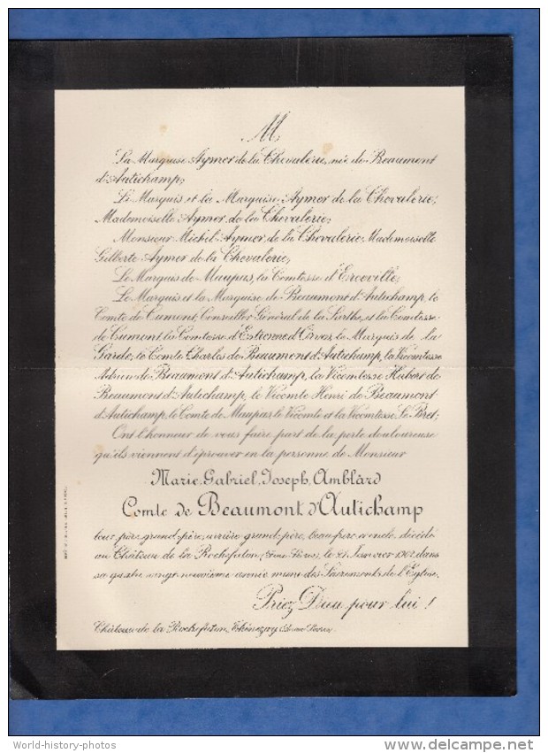 Document De 1902 - THENEZAY , Château De La Rochefaton - Marie Gabriel Joseph Amblard Comte De BEAUMONT D' AUTICHAMP - Documents Historiques