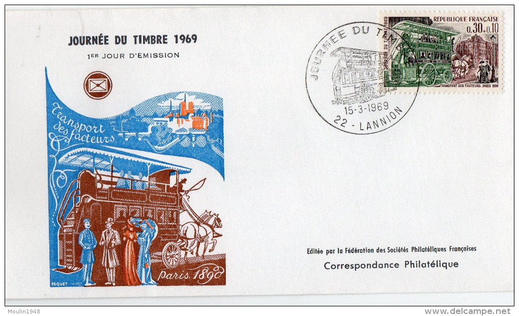 F. D. C. FRANCE - Journée Du Timbre 1969 Omnibus De Transport Des Facteurs  22 Lannion Y.T.  N° 1589 - 1960-1969