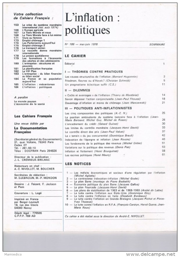 2 Revues "L´INFLATION "1978 : 1°Mécanismes - 2°Politiques . 66 Pages Chacun TBE - Wholesale, Bulk Lots