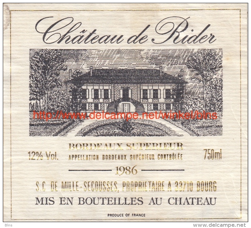 Etiquette Château De Rider 1986 - Castillos