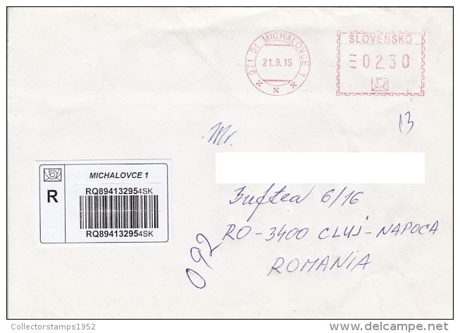 45694- AMOUNT 2.3, MICHALOVCE, RED MACHINE STAMPS ON REGISTERED COVER, 2015, SLOVAKIA - Cartas & Documentos