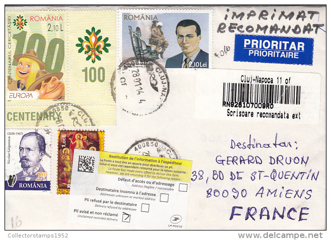 45704- SCOUTS, N. GRIGORESCU, JESUS' RESURRECTION, ANASTASE DRAGOMIR, STAMPS ON REGISTERED COVER, 2014, ROMANIA - Lettres & Documents
