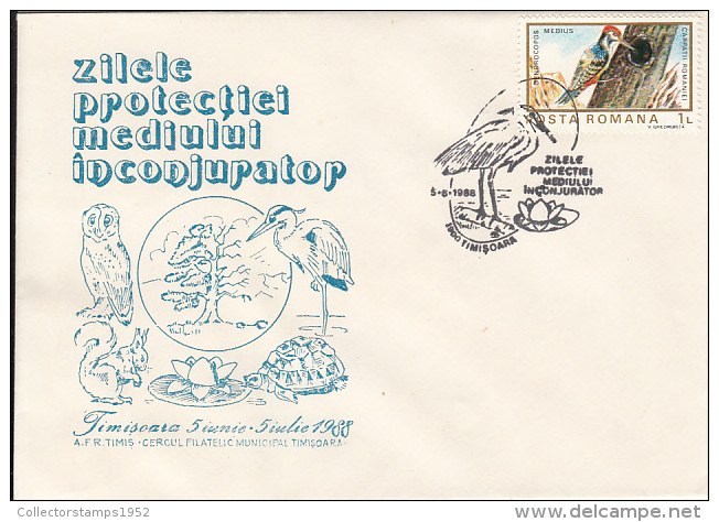 45741- OWL, EGRET, SQUIRREL, TURTLE, WATER LILY, TREE, ENVIRONEMENT PROTECTION, SPECIAL COVER, 1988, ROMANIA - Protection De L'environnement & Climat