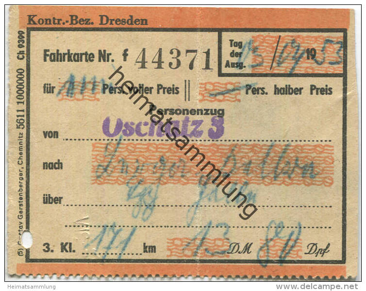 Personenzug - Oschatz - Kelbra über Leipzig Halle - Fahrkarte 3. Klasse 1953 - 13DM 80 Dpf. - Europa