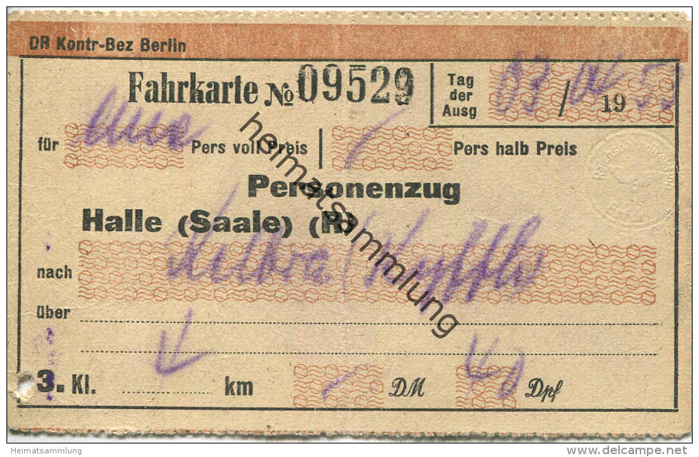 Personenzug - Halle - Kelbra - Fahrkarte 3. Klasse 1953 - Europa