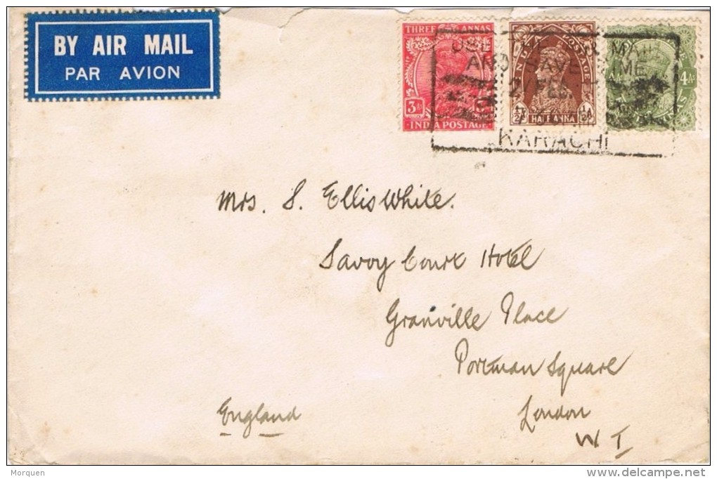 18718. Carta Aerea KARACHI (Indian British England)  1938 To London - 1936-47 King George VI
