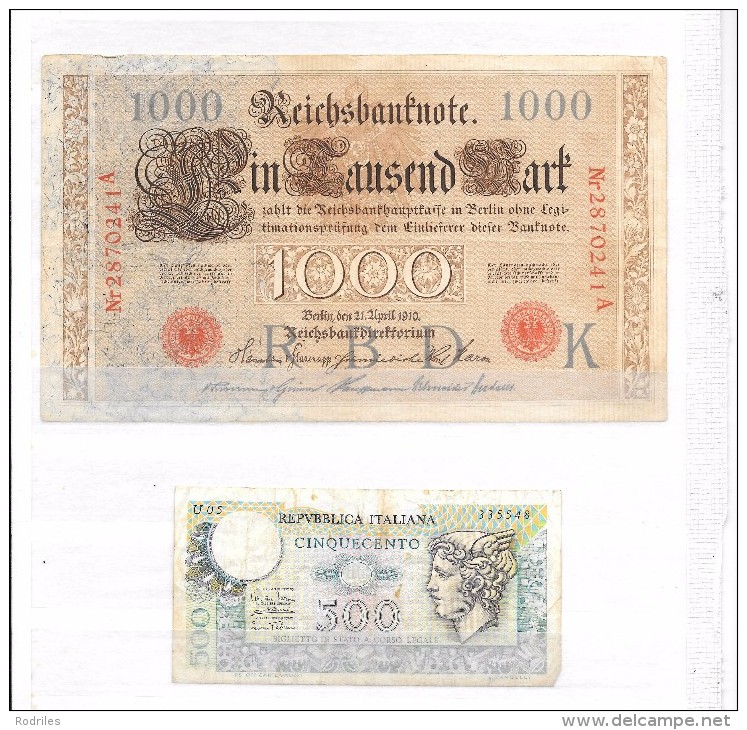 Billetes. 1de 1000 Mark Fechado En Berlin 1910. Otro De 500 Liras - Sin Clasificación