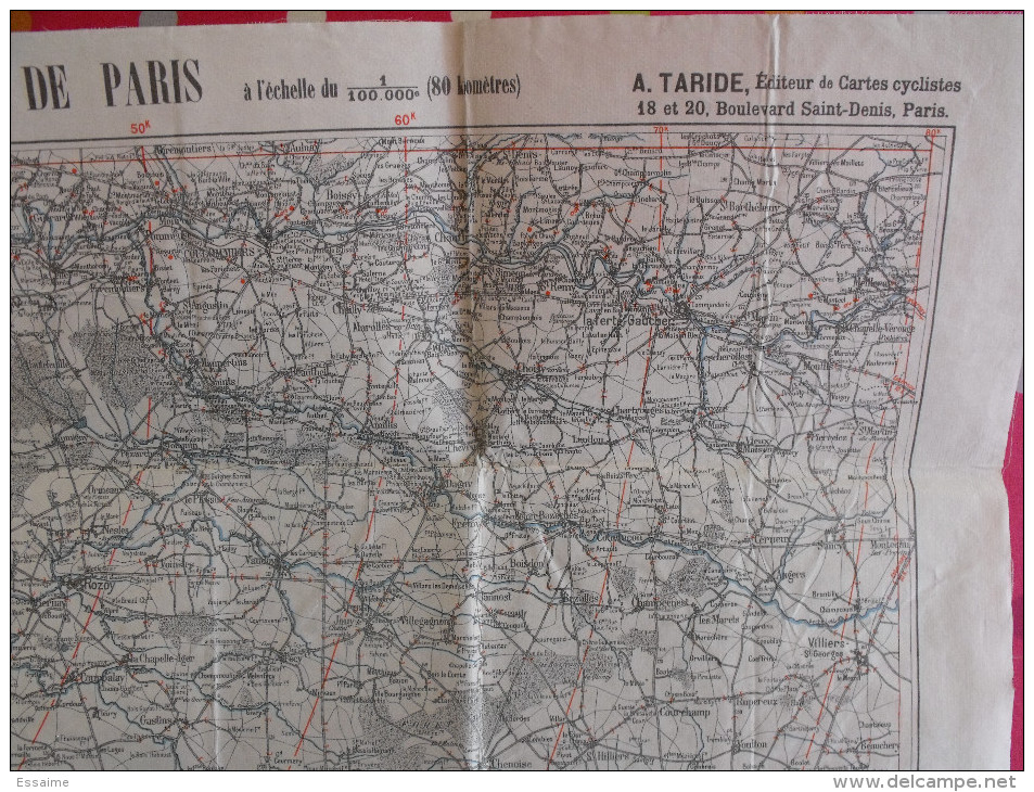 Grande Carte Cycliste Des Environs De Paris (sud-est). Taride. Toilée Vers 1900. Coulommiers Melun Fontainebleau Provins - Cartes Topographiques