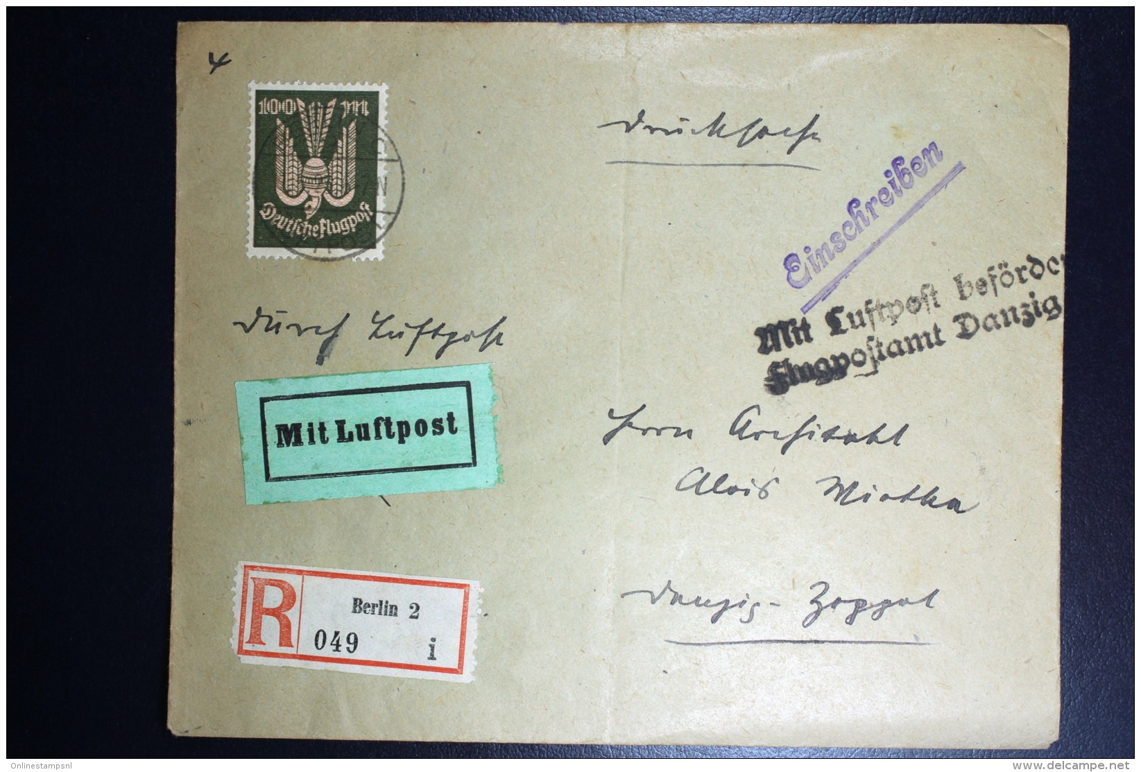 Deutschland: Einschreiben Airmail Cover 1923 Berlin To Zoppot, Freie Stadt Danzig  Mi 266 - Briefe U. Dokumente