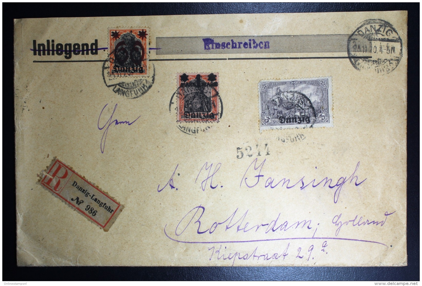 Deutschland: Danzig Einschreiben Brief To Rotterdam   1920  Mi. Nr 13 + 19 + 26  Waxsealed - Storia Postale