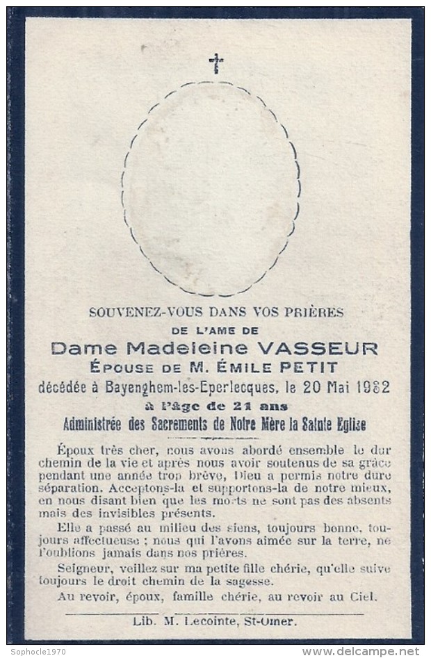 PAS DE CALAIS - 62 -BAYENGHEM LES EPERLECQUES - Carte Mortuaire - Madeleine Vasseur épouse Emile Petit - Autres & Non Classés