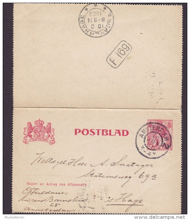 Netherlands Postal Stationery Ganzsache Entier 5c. Postblad Wilhelmina & Wappen AMSTERDAM 1908 To 's-GRAVENHAGE (2 Scans - Postal Stationery