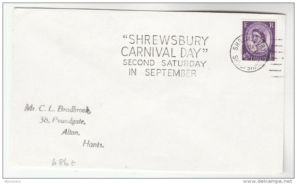 1966 GB Stamps COVER  SLOGAN Pmk  SHREWSBURY  CARNIVAL DAY SECOND SATURDAY IN SEPTEMBER - Carnevale