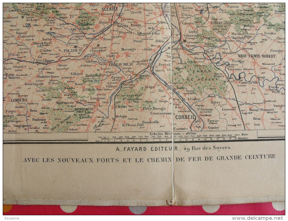 Grande Carte Murale Environs De Paris. Chemins De Fer Et Nouveaux Forts. Fayard Vers 1875. Carte Toilée - Altri & Non Classificati