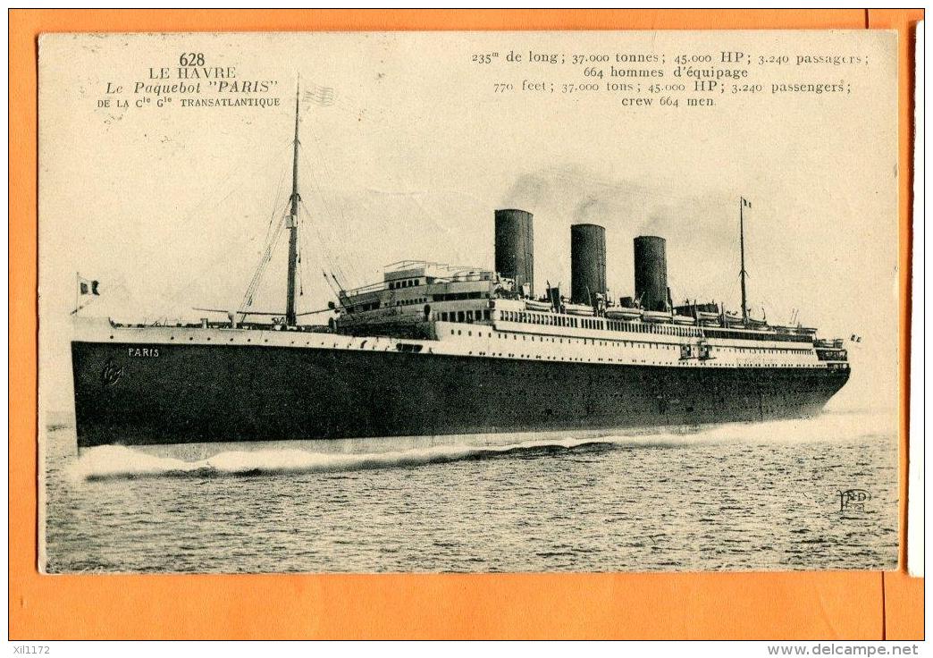 MAU-24 Le Havre, Paquebot PARIS  Compagnie Transatlantique. Circulé En 1908 Avec Timbres Anglais - Paquebots