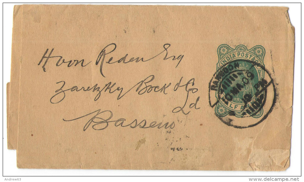 BIRMANIA - 1909 - Wrapper - Half Anna - India Postage - Viaggiata Da Rangoon Per Bassein - Burma (...-1947)