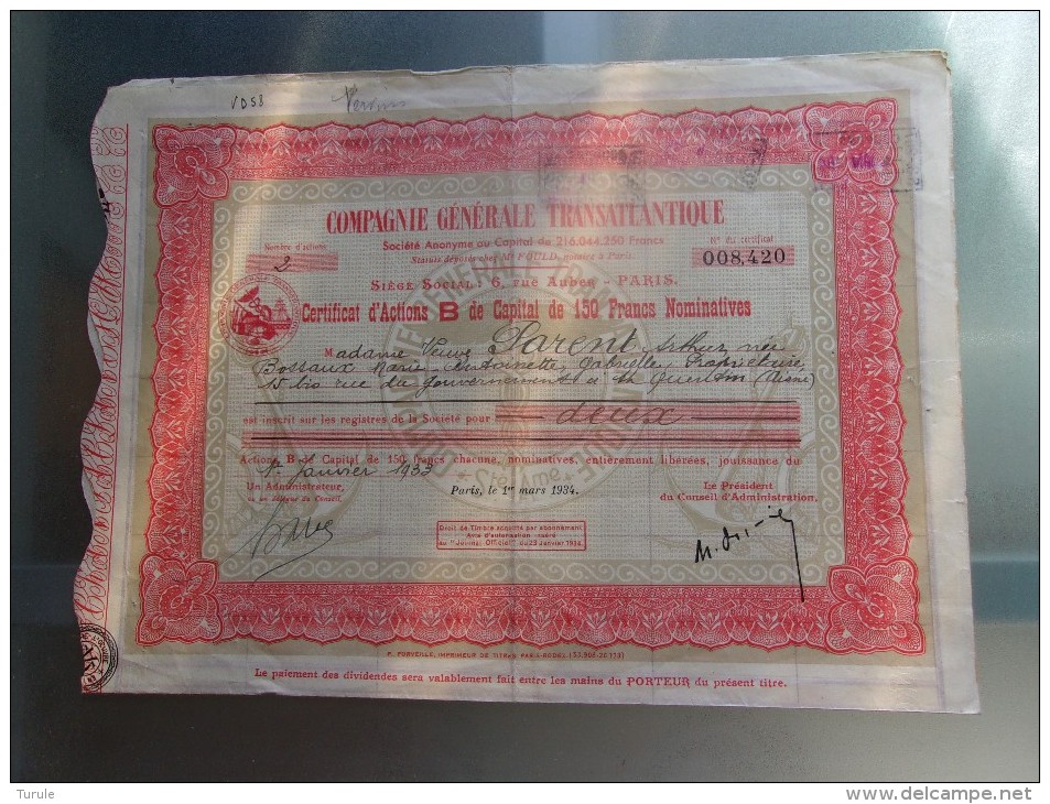 COMPAGNIE GENERALE TRANSATLANTIQUE (certificat) 1934 - Other & Unclassified