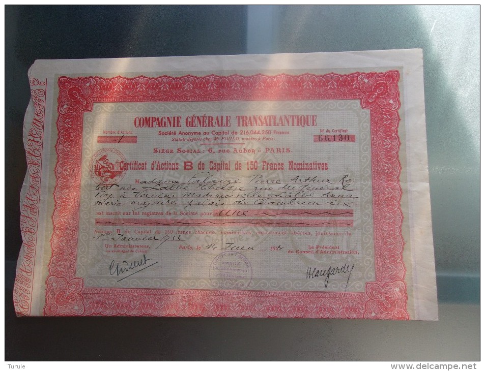 COMPAGNIE GENERALE TRANSATLANTIQUE (certificat) 1944 - Altri & Non Classificati