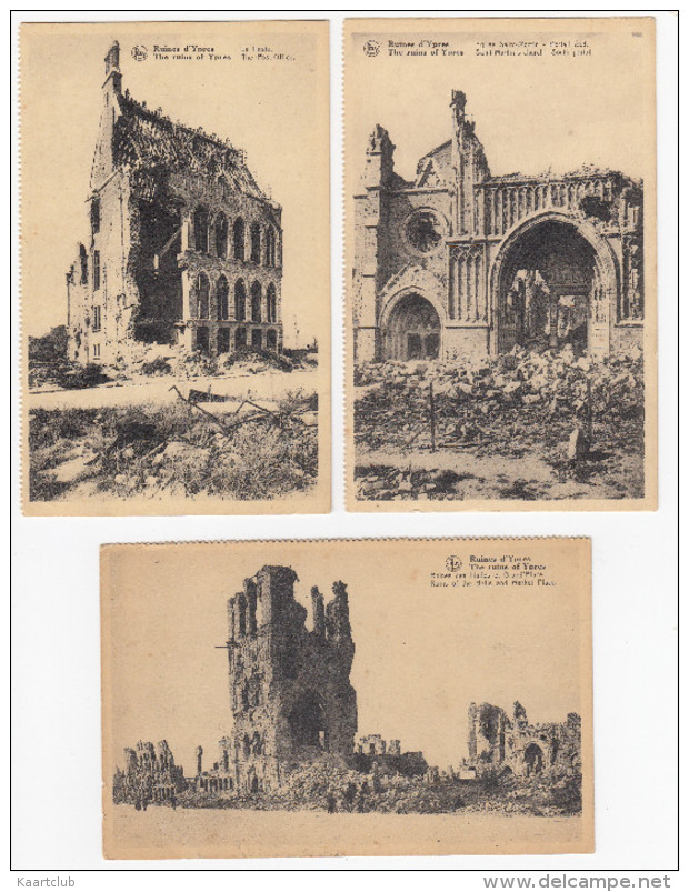 3 Postkaarten: Ruines D'Ypres : La Poste, Eglise Saint-Martin & Des Halles Et Grand'Place -  Belgie/Belgique - Ieper