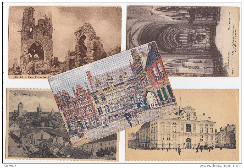 5 Postkaarten: YPRES: Ruines 1919, Hotel De Ville, Panorama, Hopital & Cathédrale Saint Martin -  Belgie/Belgique - (2) - Ieper