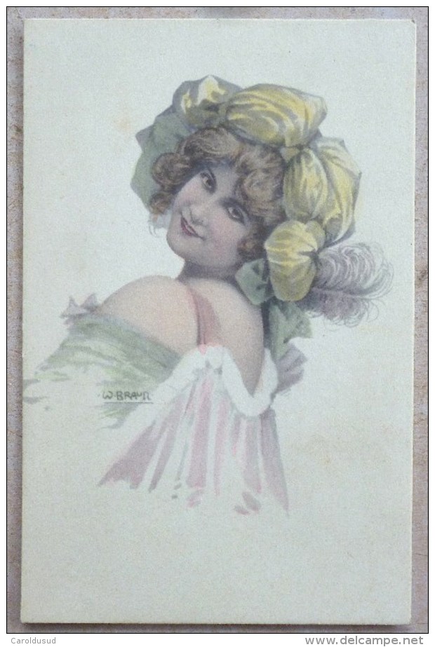 CPA Litho Precurseur Illustrateur BRAUN ASV A.S.V. ROSEE DE MAI Femme Fille SOURIANTE DE DOS COIFFE ET PLUME - Braun, W.