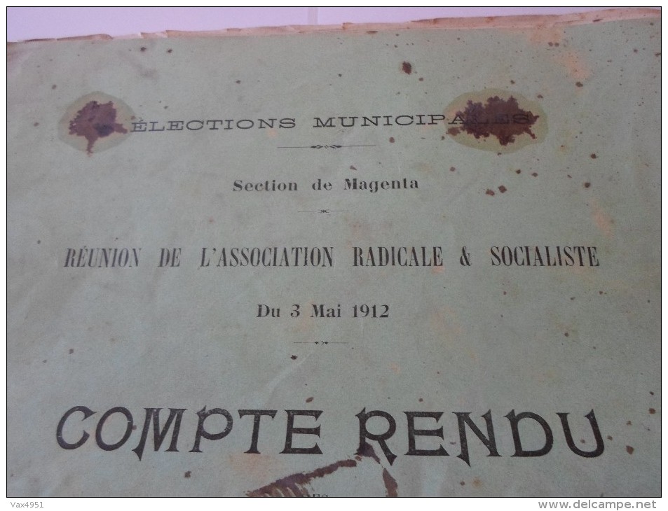 CONSEIL MUNICIPAL MAGENTA DU 03 MAI 1912 REUNION DE L ASSOCIATION RADICALE & SOCIALISTE **  RARE A  SAISIR **** - Documents Historiques