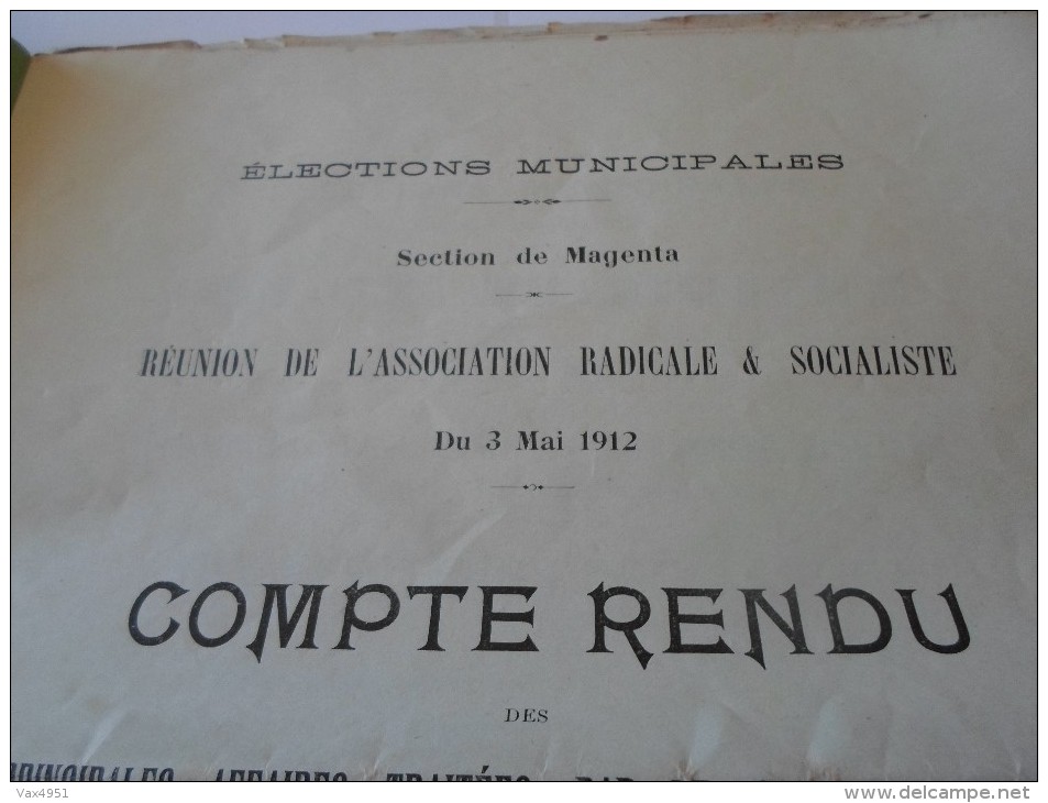 CONSEIL MUNICIPAL MAGENTA DU 03 MAI 1912 REUNION DE L ASSOCIATION RADICALE & SOCIALISTE **  RARE A  SAISIR **** - Documents Historiques