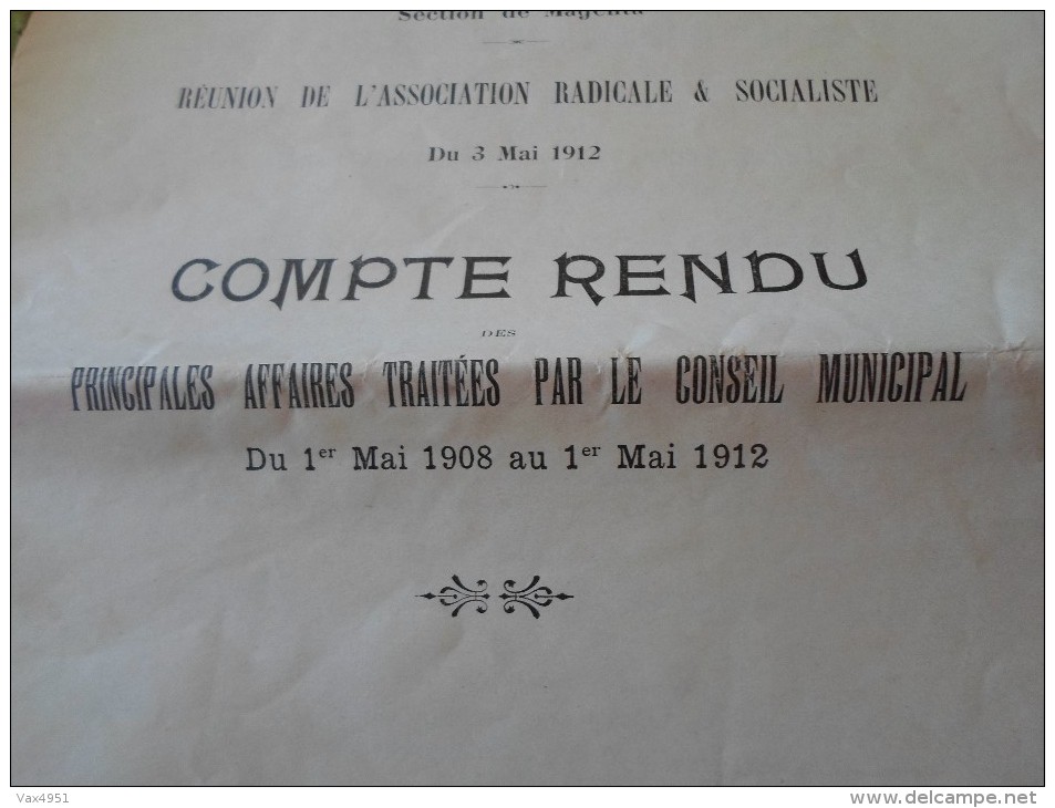 CONSEIL MUNICIPAL MAGENTA DU 03 MAI 1912 REUNION DE L ASSOCIATION RADICALE & SOCIALISTE **  RARE A  SAISIR **** - Documents Historiques