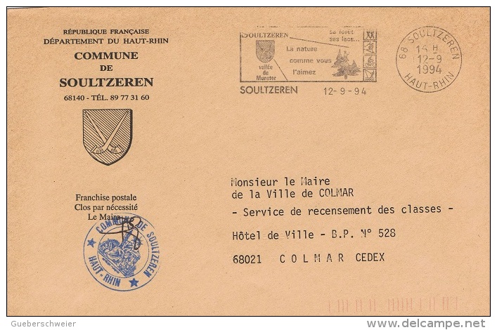 BOIS-L11 -  FRANCE Lettre En Franchise Postale Et Flamme De La Mairie De Soultzeren Illust. Blason Avec Cor Des Alpes - Mechanical Postmarks (Advertisement)