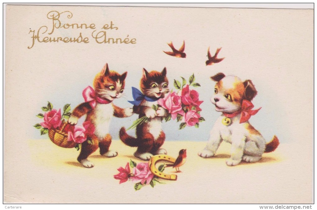 Cpa,1953,la Bonne Et Heureuse Année Avec Chats,cat,dog,chien,fer à Cheval Et Fleurs,édition Univers Paris - New Year