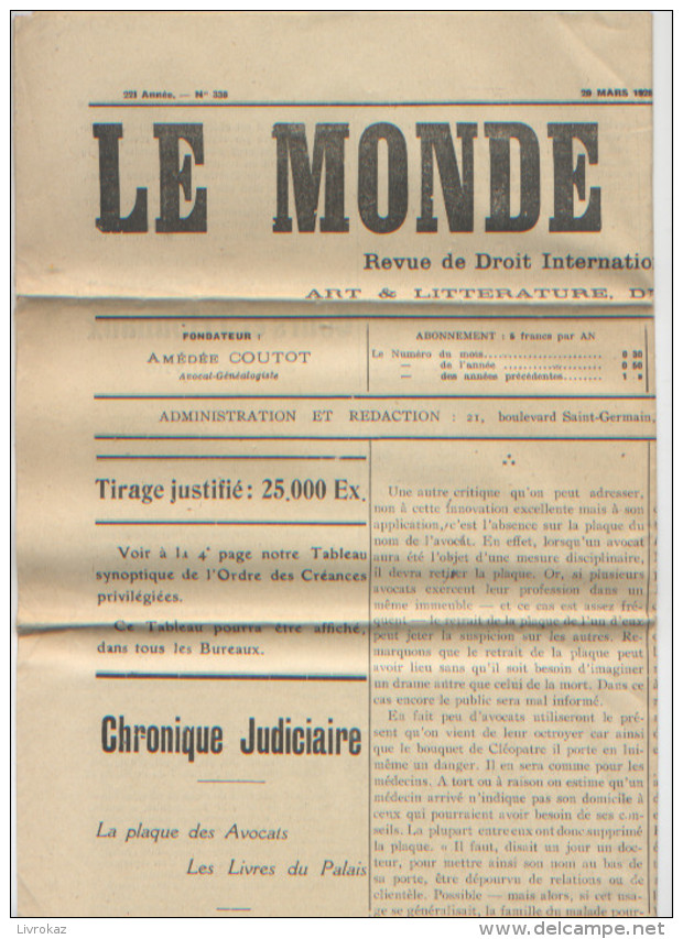 Le Monde Judiciaire, Revue De Droit International Et De Droit Français N°339 (1928) Tableau Des Créances Privilégiées - Autres & Non Classés