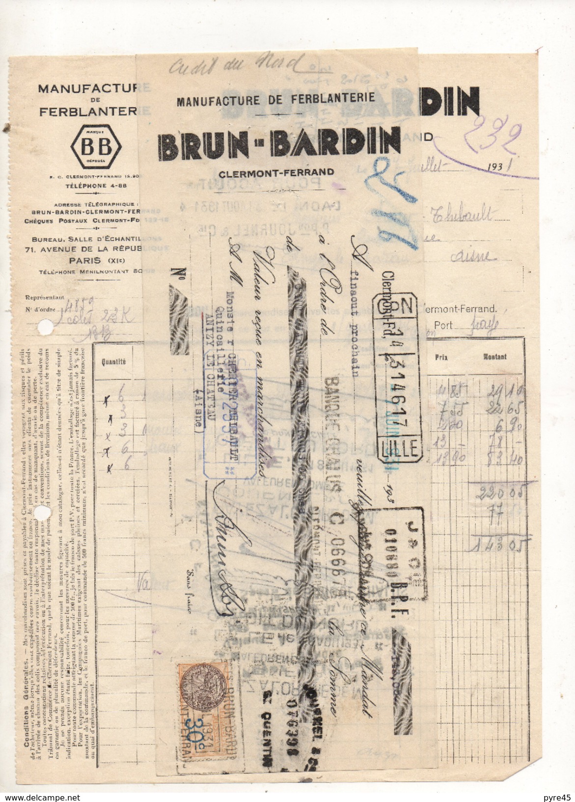 Facture Et Cheque Colles Manufacture De Ferblanterie Brun Bardin à Clermont Ferrand Le 7 Juin 1931 - 1900 – 1949