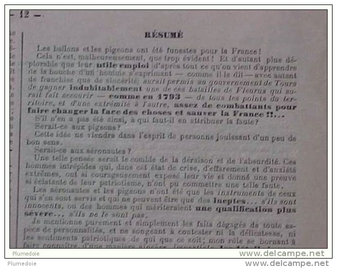 RARE , EO 1883 , BALLONS et PIGEONS FUNESTES POUR  FRANCE, DETAILS INCONNUS  SIEGE de PARIS , Dr VAN HECKE , voir