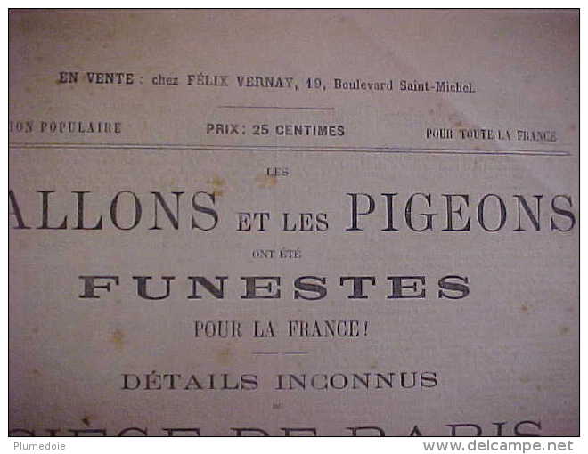 RARE , EO 1883 , BALLONS et PIGEONS FUNESTES POUR  FRANCE, DETAILS INCONNUS  SIEGE de PARIS , Dr VAN HECKE , voir