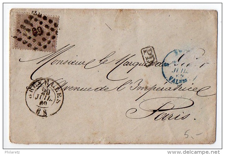 Belgique : 30c Sur Lettre De 1869 Pour La France (cachet P46 Au Verso) - 1865-1866 Linksprofil
