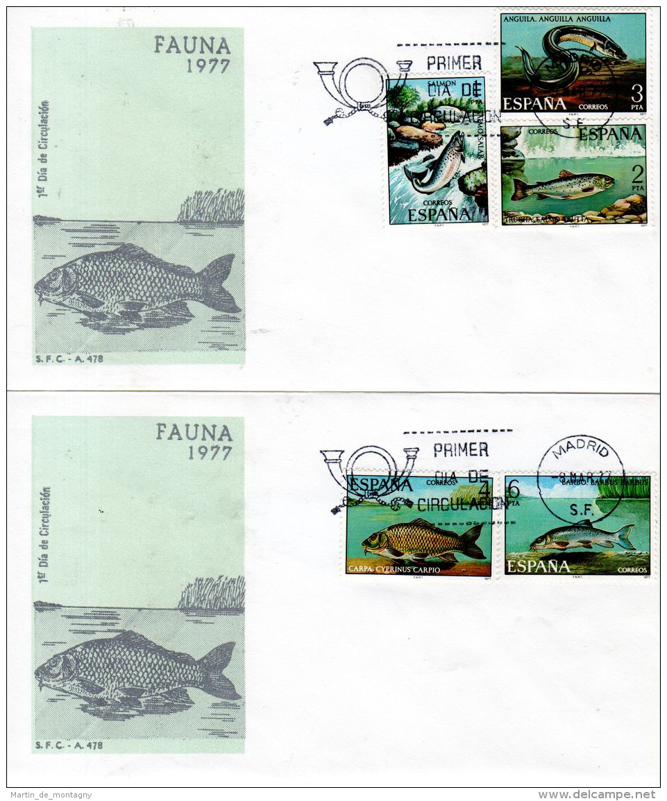 8.3.1977, Poissons - Saumon - Truite - Anguille - Carpe - Barbeau;  YT 2042 - 2045; 2 FDC's; Lot 457 - Fishes