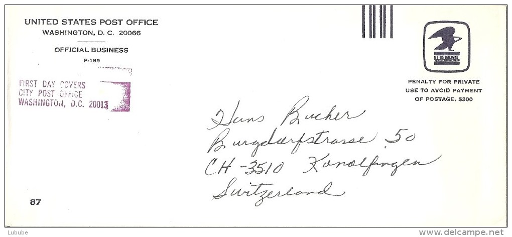 GS  "US Post Office, Washington - Official Business P-189" - Switzerland        1987 - 1981-00
