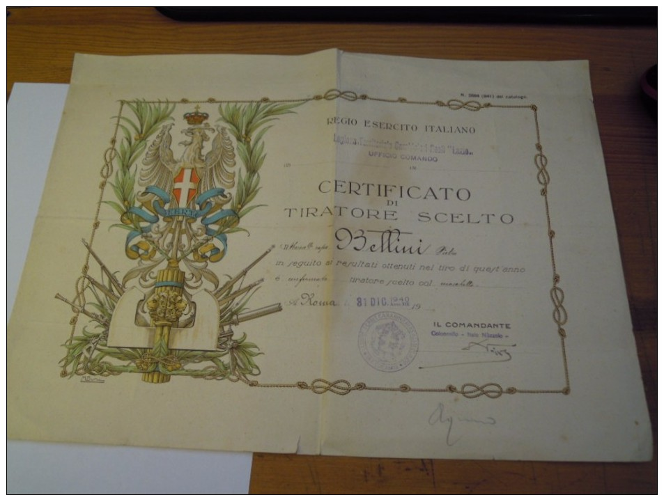 REGIO ESERCITO ITALIANO CARABINIERI REALI CERTIFICATO TIRATORE SCELTO 1940 MARESCIALLO CAPO ROMA - Documenti