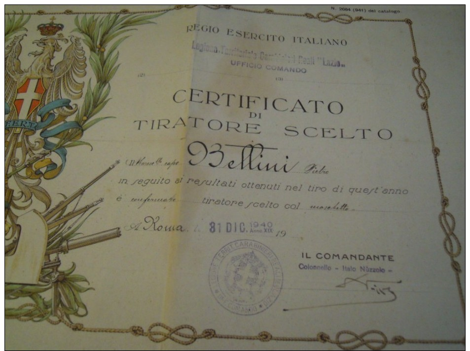 REGIO ESERCITO ITALIANO CARABINIERI REALI CERTIFICATO TIRATORE SCELTO 1940 MARESCIALLO CAPO ROMA - Documenti