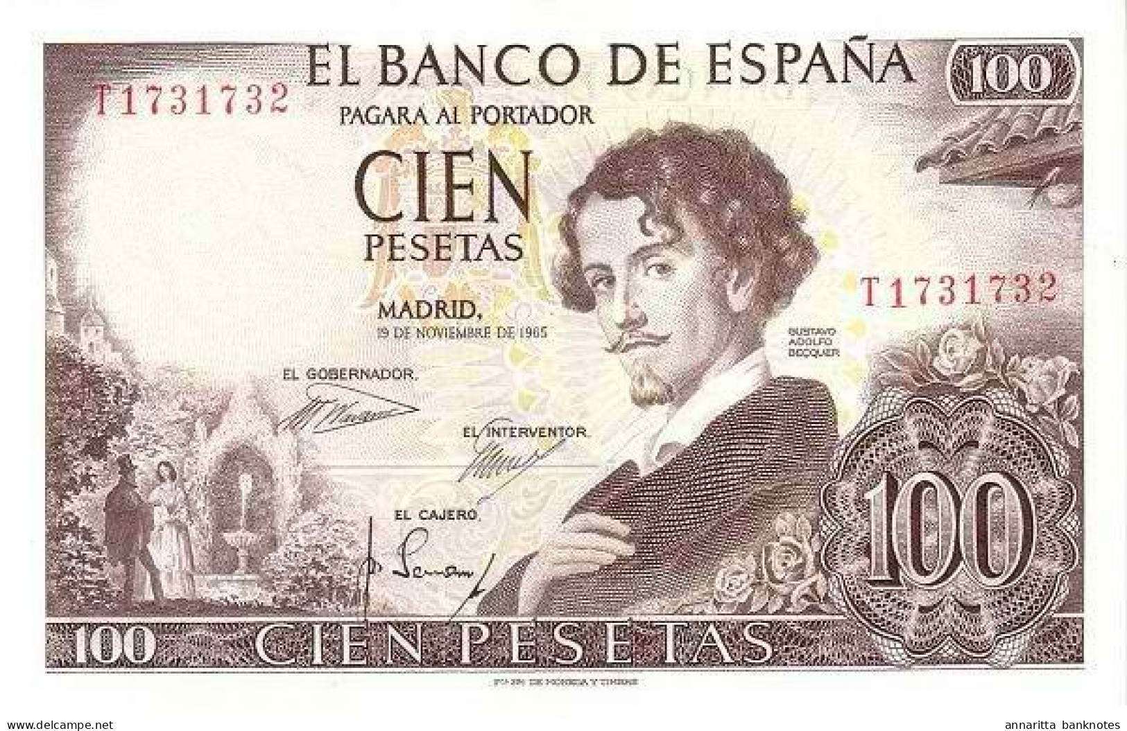 Spain 100  Pesetas 1965, AU/UNC (P-150a, B-616a) - 100 Peseten